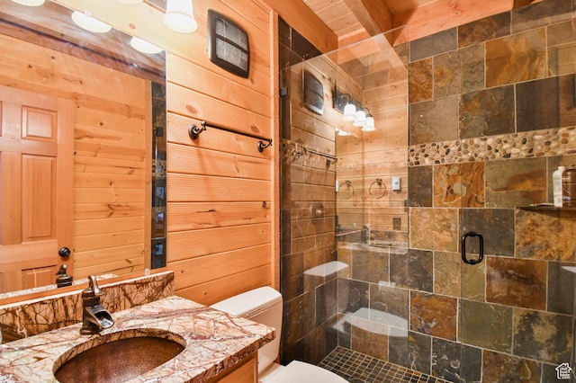 8581 Shingle Mill Dr, Oakley, UT 84055 - full bathroom with vanity, a shower stall, and wooden walls
