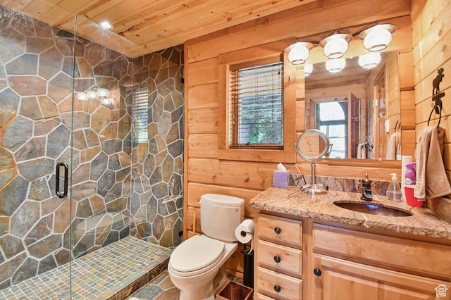 8581 Shingle Mill Dr, Oakley, UT 84055 - bathroom with vanity, a shower stall, wooden walls, and wooden ceiling