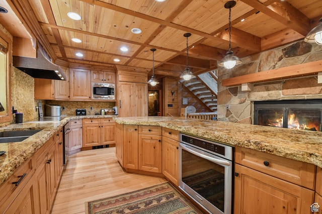 8581 Shingle Mill Dr, Oakley, UT 84055 - kitchen featuring a wood ceiling with exposed beams, light wood-style flooring, stainless steel appliances, recessed lighting, and light stone counters