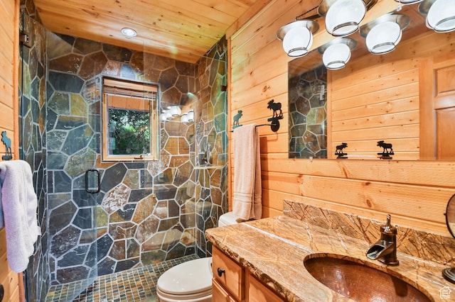 8581 Shingle Mill Dr, Oakley, UT 84055 - full bath with vanity, a stall shower, wooden walls, and wooden ceiling