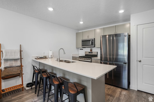 8466 W Cordero Dr S, Magna, UT 84044 - kitchen featuring appliances with stainless steel finishes, gray cabinetry, a kitchen bar, dark wood-style floors, and light countertops