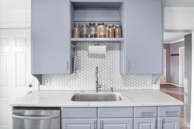 461 S 400 W, Provo, UT 84601 - kitchen with dishwasher, gray cabinetry, tasteful backsplash, wood finished floors, and crown molding