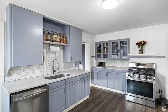 461 S 400 W, Provo, UT 84601 - kitchen with stainless steel appliances, open shelves, gray cabinetry, tasteful backsplash, and glass insert cabinets