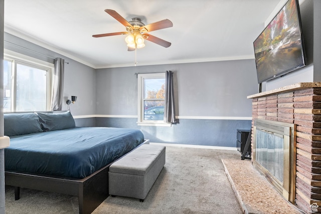 461 S 400 W, Provo, UT 84601 - bedroom featuring a brick fireplace, crown molding, carpet, and ceiling fan