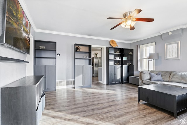 461 S 400 W, Provo, UT 84601 - living room with a ceiling fan, ornamental molding, and wood finished floors