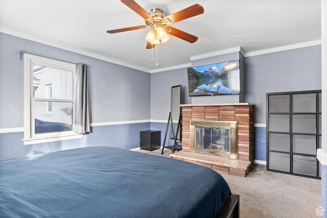 461 S 400 W, Provo, UT 84601 - bedroom with crown molding, carpet flooring, a fireplace, and a ceiling fan