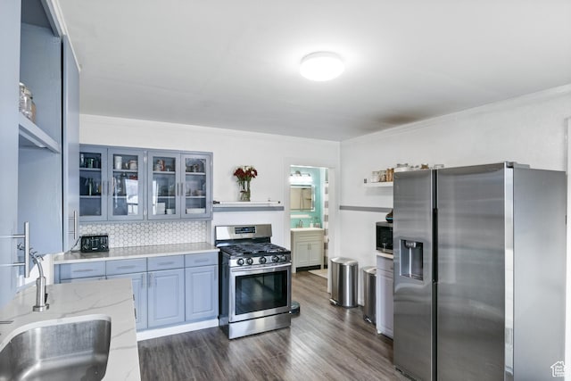 461 S 400 W, Provo, UT 84601 - kitchen featuring stainless steel appliances, open shelves, dark wood finished floors, tasteful backsplash, and crown molding