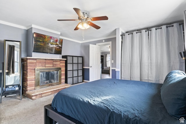 461 S 400 W, Provo, UT 84601 - bedroom with a brick fireplace, carpet floors, crown molding, and ceiling fan