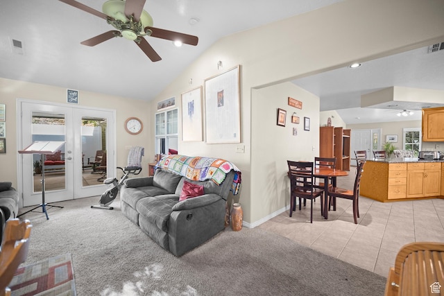 845 N Valley View Dr Unit 917, St George, UT 84770 - living area with vaulted ceiling, french doors, ceiling fan, plenty of natural light, and light colored carpet