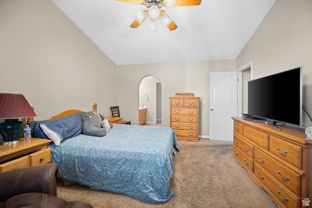 845 N Valley View Dr Unit 917, St George, UT 84770 - bedroom featuring light carpet, arched walkways, a ceiling fan, vaulted ceiling, and ensuite bath