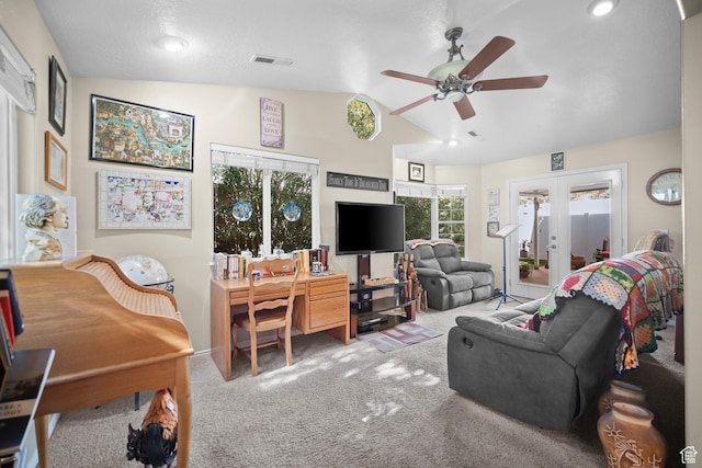 845 N Valley View Dr Unit 917, St George, UT 84770 - living room featuring ceiling fan, lofted ceiling, carpet floors, and french doors