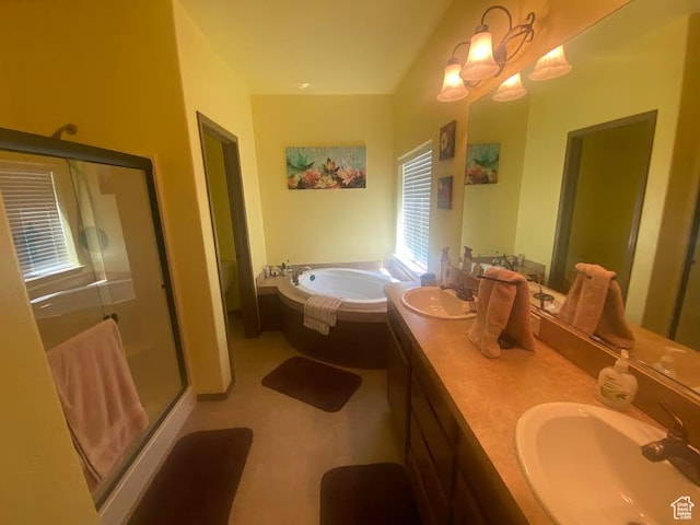 6689 W 7625 S, Myton, UT 84052 - full bathroom with a garden tub, a stall shower, double vanity, and tile patterned flooring