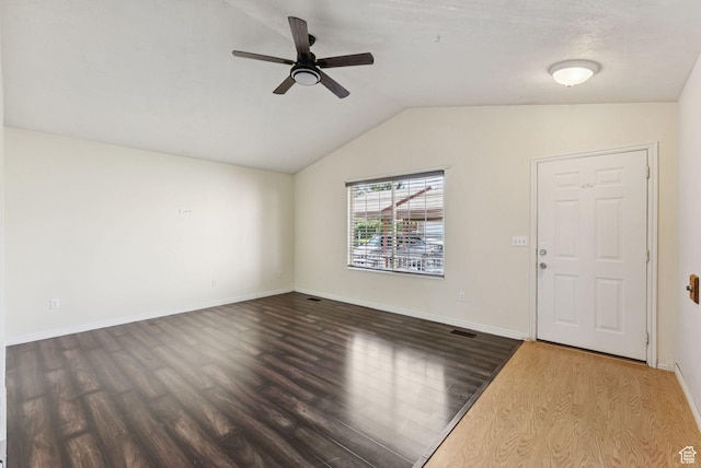 2970 W Shadow Park Dr, West Valley City, UT 84119 - unfurnished living room featuring wood finished floors, ceiling fan, and lofted ceiling
