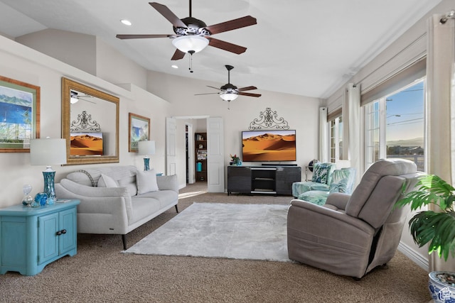 763 W 100 N, Hurricane, UT 84737 - living room with vaulted ceiling, carpet, ceiling fan, and recessed lighting
