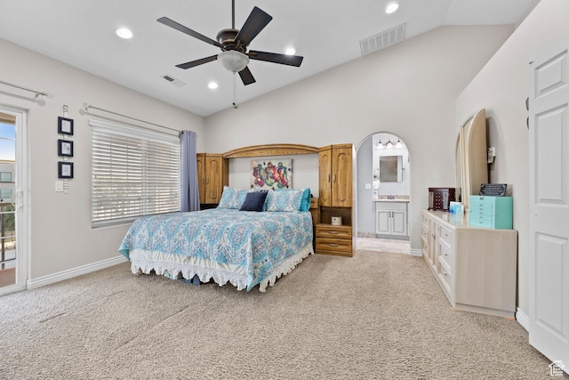 763 W 100 N, Hurricane, UT 84737 - bedroom with light carpet, vaulted ceiling, recessed lighting, ceiling fan, and access to outside