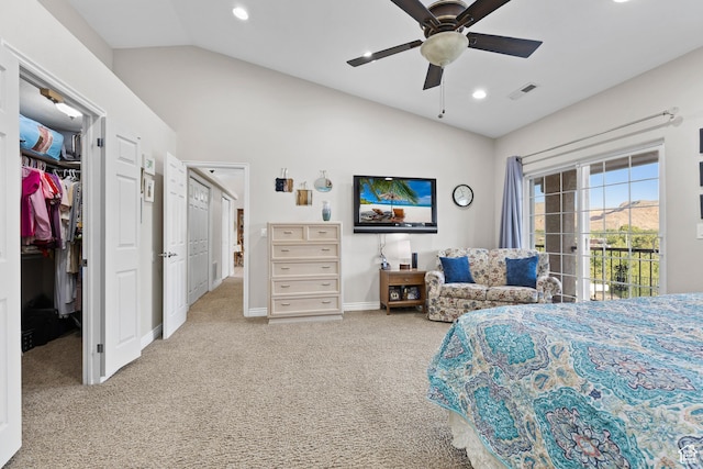763 W 100 N, Hurricane, UT 84737 - carpeted bedroom with vaulted ceiling, a spacious closet, access to exterior, ceiling fan, and recessed lighting