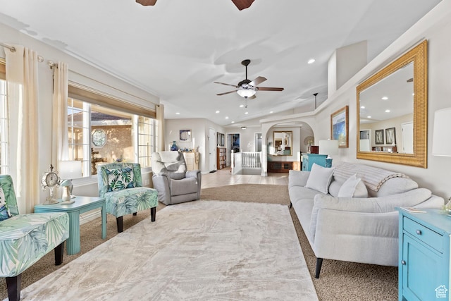 763 W 100 N, Hurricane, UT 84737 - living area with ceiling fan, lofted ceiling, arched walkways, and recessed lighting