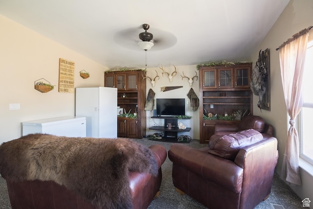 5375 N Canal Rd, Lapoint, UT 84039 - carpeted living room with ceiling fan and lofted ceiling