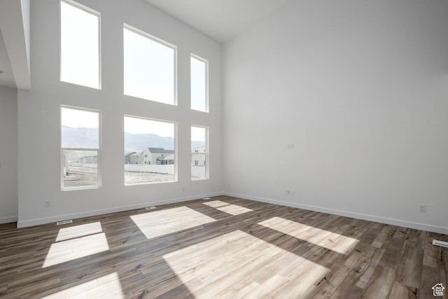 1844 E Bison Dr N Unit B229, Eagle Mountain, UT 84005 - unfurnished room with wood finished floors, a mountain view, and a towering ceiling