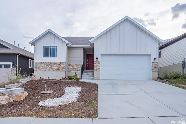 124 N Peach St, Santaquin, UT 84655 - craftsman-style home with board and batten siding, stone siding, a garage, and driveway