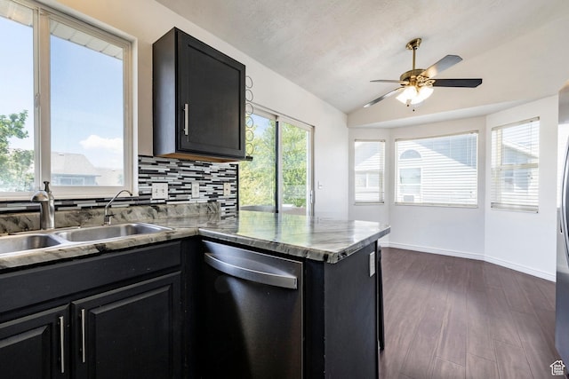 902 W 4200 S, Riverdale, UT 84405 - kitchen featuring stainless steel dishwasher, dark cabinets, lofted ceiling, and ceiling fan