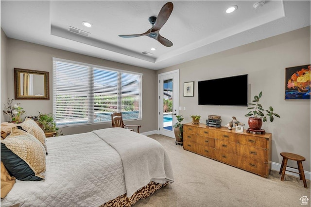 2751 S 3970 W, Hurricane, UT 84737 - carpeted bedroom featuring a tray ceiling, access to exterior, recessed lighting, and ceiling fan