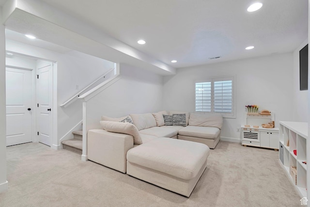 6427 W Arranmore Dr, South Jordan, UT 84009 - living room featuring light colored carpet, recessed lighting, and stairway