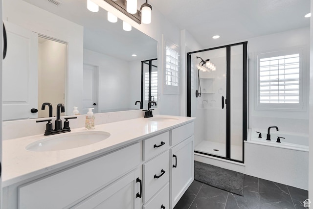 6427 W Arranmore Dr, South Jordan, UT 84009 - bathroom featuring a stall shower, double vanity, a bath, marble look tile flooring, and recessed lighting