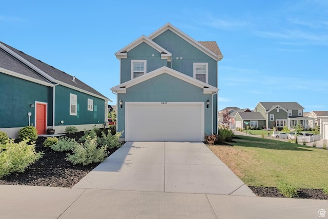 6427 W Arranmore Dr, South Jordan, UT 84009 - view of front facade featuring driveway, a front lawn, stucco siding, and a residential view