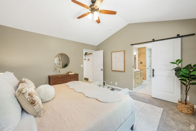 2038 W 8970 S, West Jordan, UT 84088 - bedroom featuring lofted ceiling, a barn door, light colored carpet, a ceiling fan, and ensuite bathroom