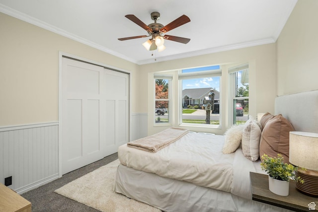 2038 W 8970 S, West Jordan, UT 84088 - bedroom with ornamental molding, a wainscoted wall, a closet, carpet, and ceiling fan