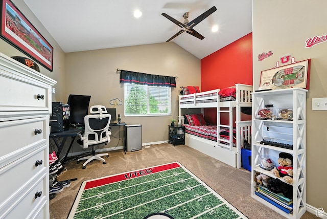 11803 Burkwood Ln, Draper, UT 84020 - bedroom featuring carpet floors, vaulted ceiling, a desk, and a ceiling fan