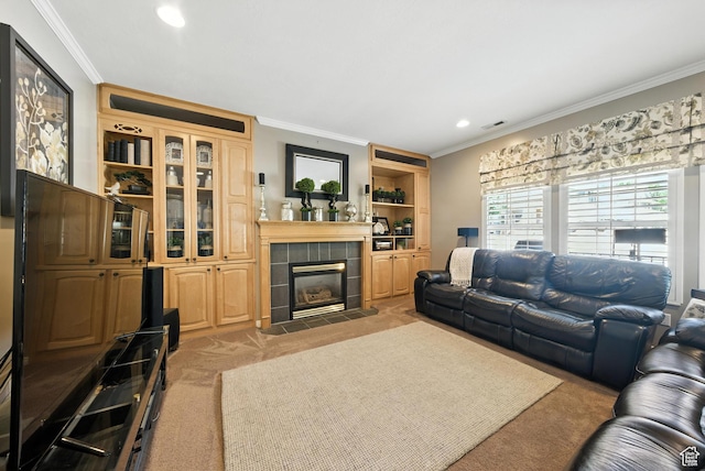 11803 Burkwood Ln, Draper, UT 84020 - living area featuring light colored carpet, ornamental molding, healthy amount of natural light, a tiled fireplace, and recessed lighting