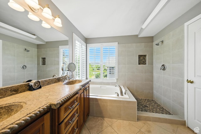 11803 Burkwood Ln, Draper, UT 84020 - bathroom featuring tile patterned flooring, a bath, tiled shower, and double vanity