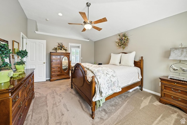 11803 Burkwood Ln, Draper, UT 84020 - bedroom with light carpet, vaulted ceiling, and a ceiling fan