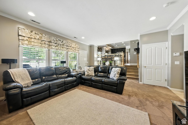 11803 Burkwood Ln, Draper, UT 84020 - living room with light carpet, a chandelier, ornamental molding, and recessed lighting