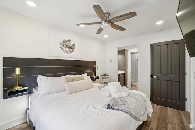 2025 Canyons Resort Dr Unit I1, Park City, UT 84098 - bedroom with wood finished floors, recessed lighting, ensuite bathroom, and ceiling fan