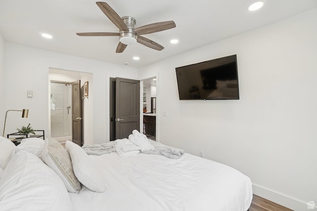 2025 Canyons Resort Dr Unit I1, Park City, UT 84098 - bedroom with wood finished floors, recessed lighting, ceiling fan, and ensuite bath