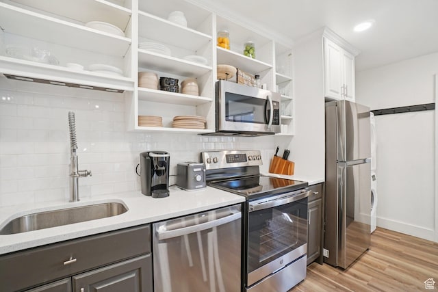2025 Canyons Resort Dr Unit I1, Park City, UT 84098 - kitchen featuring appliances with stainless steel finishes, open shelves, backsplash, light wood-style floors, and white cabinets