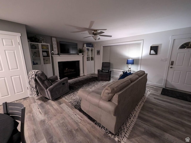 1704 S Sorrento Dr, Woods Cross, UT 84087 - living room with ceiling fan, wood finished floors, and a fireplace