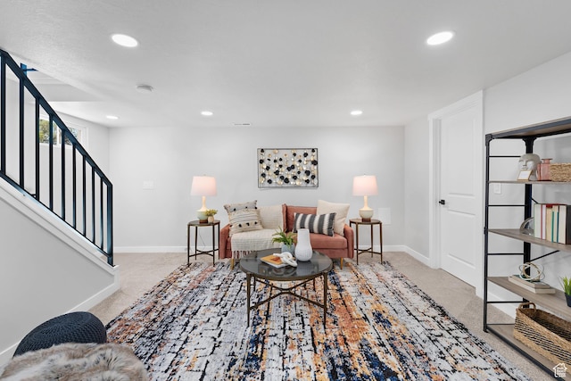 482 N Brook Ave E, Tooele, UT 84074 - living area featuring carpet, stairway, and recessed lighting