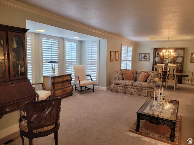 1360 Lakeview Dr, Bountiful, UT 84010 - living room featuring a chandelier, carpet flooring, and crown molding