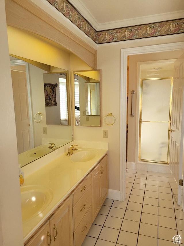 1360 Lakeview Dr, Bountiful, UT 84010 - full bathroom with tile patterned floors, double vanity, crown molding, and a stall shower