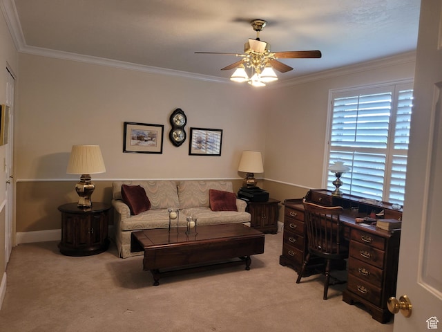 1360 Lakeview Dr, Bountiful, UT 84010 - living room with ceiling fan, light carpet, and crown molding