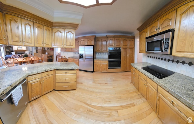 1360 Lakeview Dr, Bountiful, UT 84010 - kitchen featuring black appliances, light wood finished floors, backsplash, ornamental molding, and light stone counters