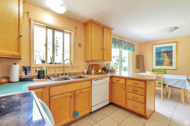 4790 Burch Dr, South Ogden, UT 84403 - kitchen featuring white dishwasher, range with electric cooktop, a peninsula, light countertops, and light tile patterned flooring