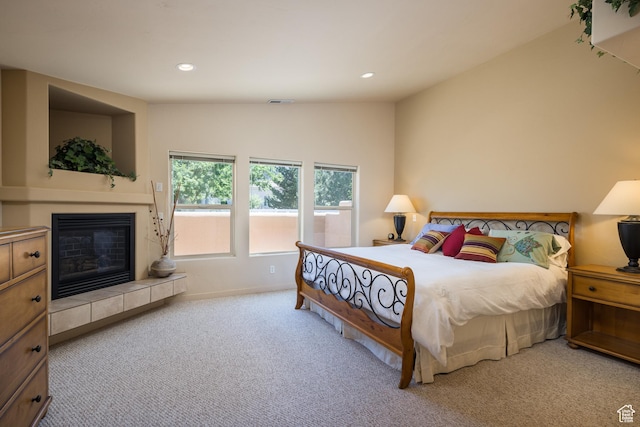 3686 S Spanish Valley Dr Unit N-2, Moab, UT 84532 - bedroom featuring carpet flooring, a tile fireplace, and recessed lighting