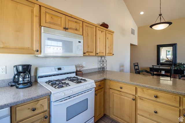 3686 S Spanish Valley Dr Unit N-2, Moab, UT 84532 - kitchen with white appliances, vaulted ceiling, light brown cabinetry, a peninsula, and recessed lighting