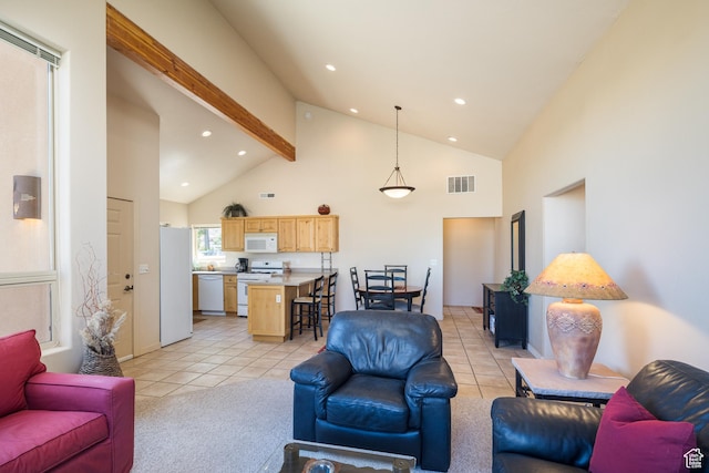3686 S Spanish Valley Dr Unit N-2, Moab, UT 84532 - living area with high vaulted ceiling, recessed lighting, light tile patterned flooring, and beamed ceiling