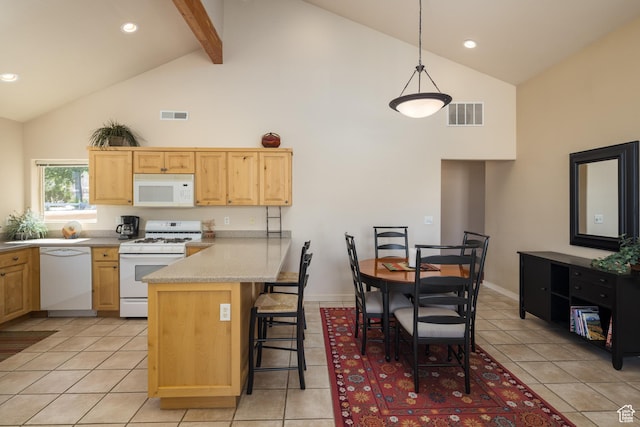 3686 S Spanish Valley Dr Unit N-2, Moab, UT 84532 - kitchen with white appliances, high vaulted ceiling, light brown cabinets, a peninsula, and a breakfast bar